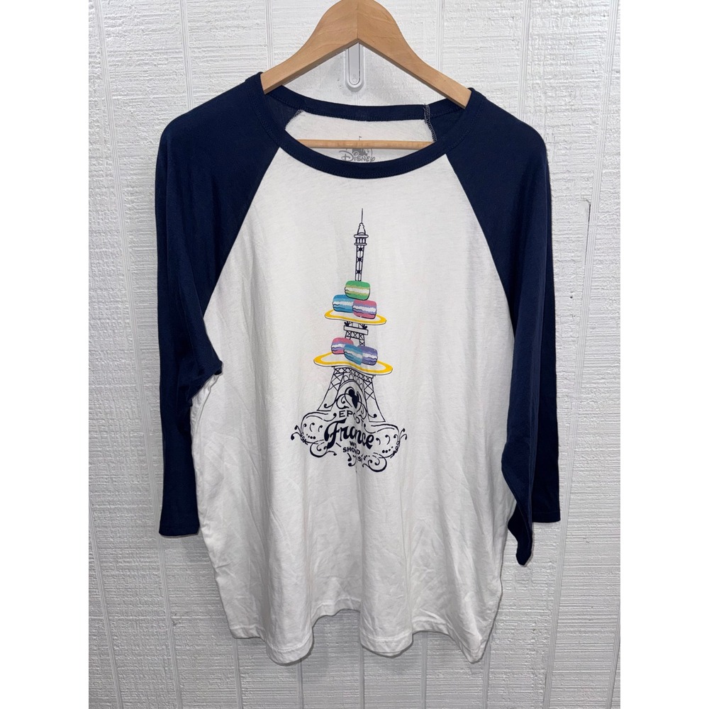 Disney Epcot France Raglan Shirt Women White Navy Macaron Eiffel Tower XXL